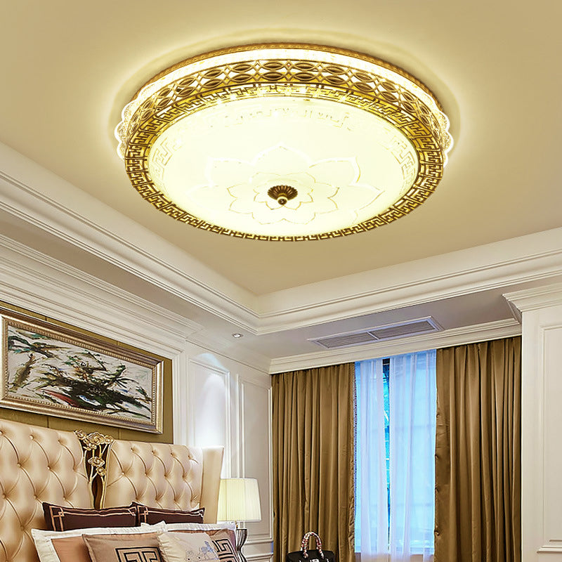 Frosted Glass Hollowed out Flush Lamp Simplicity Golden LED Ceiling Light Fixture in Third Gear