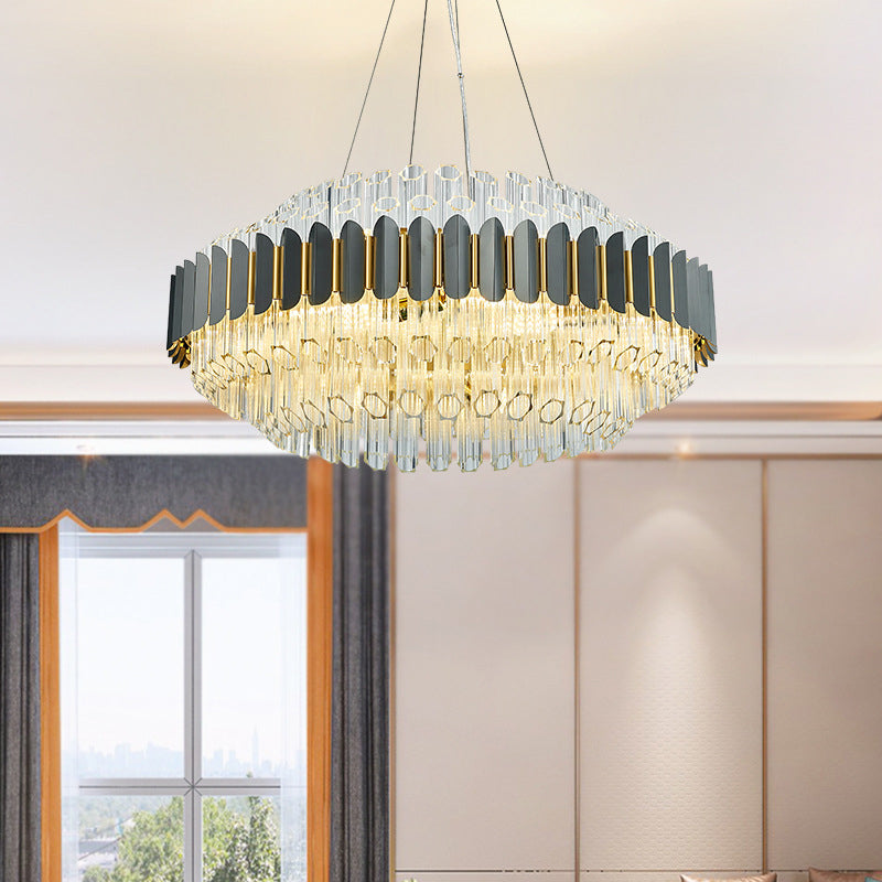 Grey Tubular Chandelier Lamp Modern 12-Light Prismatic Crystal Ceiling Pendant Light