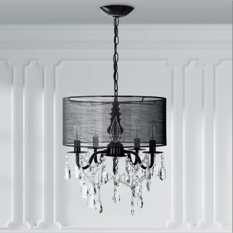 Traditional 5 Lights Hanging Chandelier Black Round Fabric Pendant Light Fixture with Crystal Accent