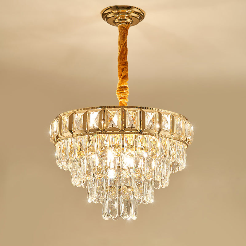 Golden Tiered Chandelier Lamp Simple 6/9-Light Crystal Hanging Light for Dining Room