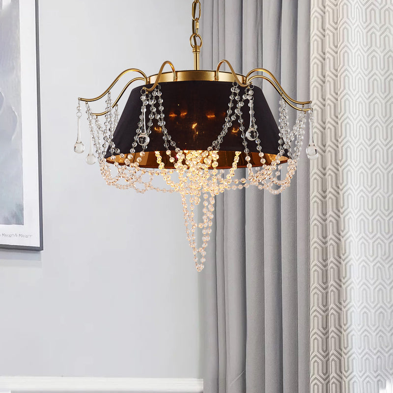 Flared Pendant Chandelier Traditional Iron 4-Light Black Hanging Ceiling Light with Crystal Droplet