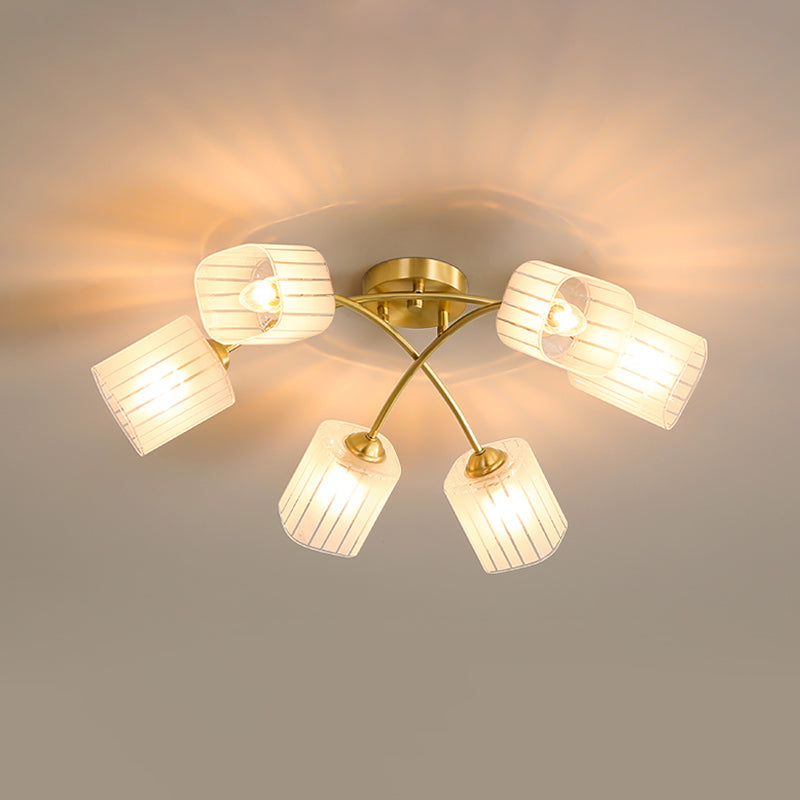 Brushed Brass Semi-Flush Mount Ceiling Light Frosted Glass Rectangular Shade Ceiling Pendant with Adjustable Light Branch