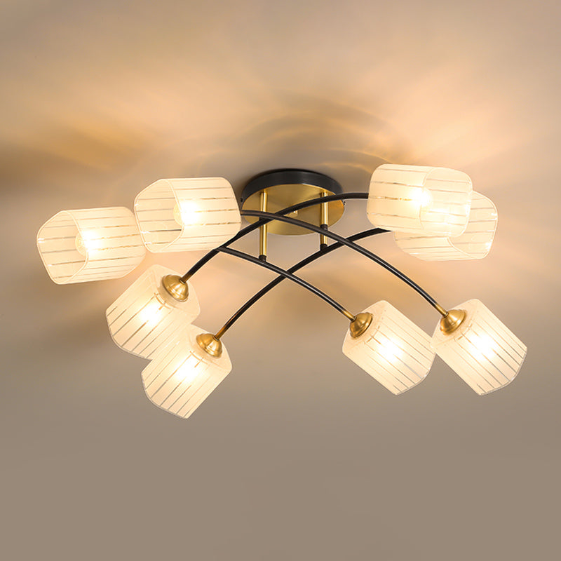 Brushed Brass Semi-Flush Mount Ceiling Light Frosted Glass Rectangular Shade Ceiling Pendant with Adjustable Light Branch