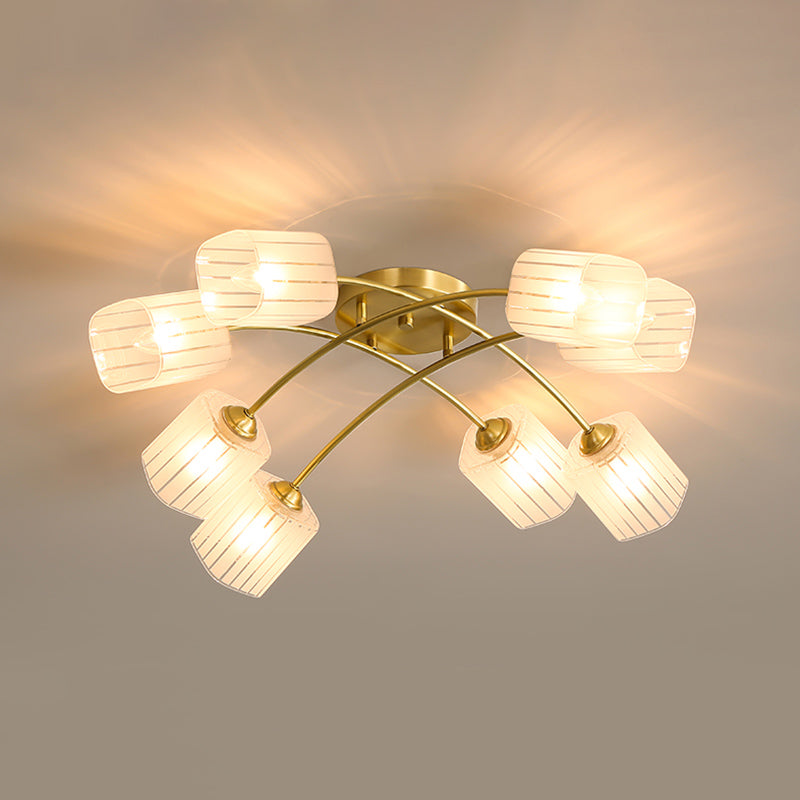 Brushed Brass Semi-Flush Mount Ceiling Light Frosted Glass Rectangular Shade Ceiling Pendant with Adjustable Light Branch