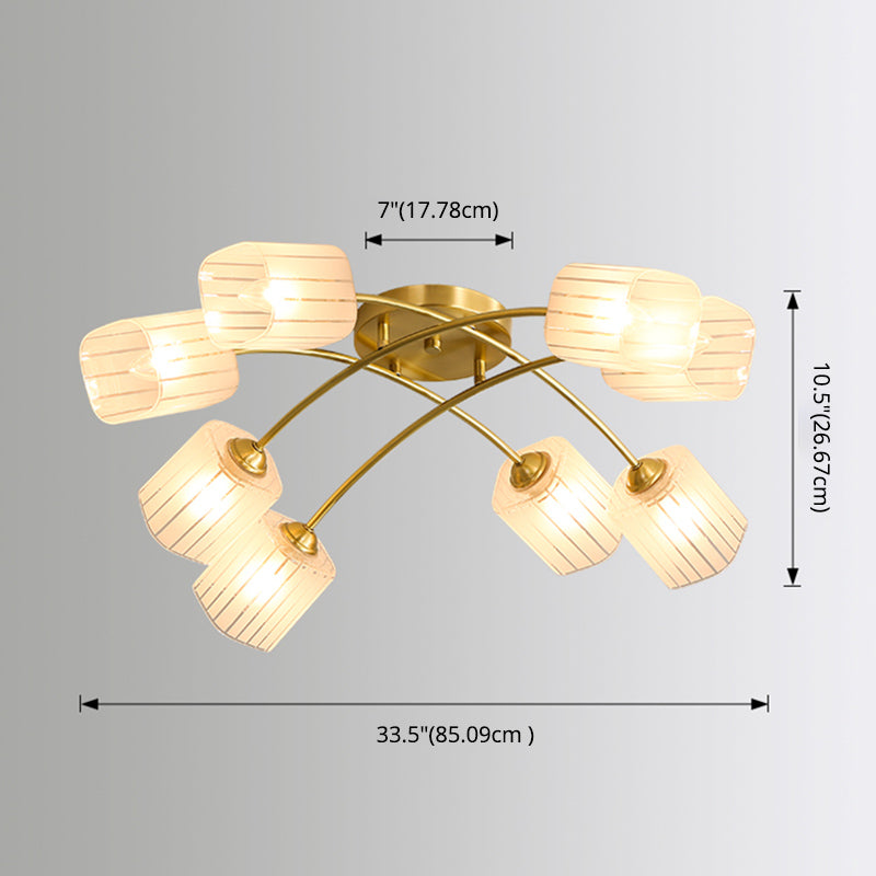 Brushed Brass Semi-Flush Mount Ceiling Light Frosted Glass Rectangular Shade Ceiling Pendant with Adjustable Light Branch