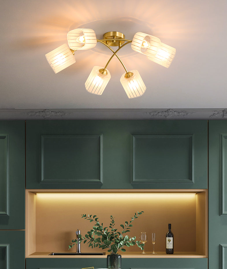 Brushed Brass Semi-Flush Mount Ceiling Light Frosted Glass Rectangular Shade Ceiling Pendant with Adjustable Light Branch