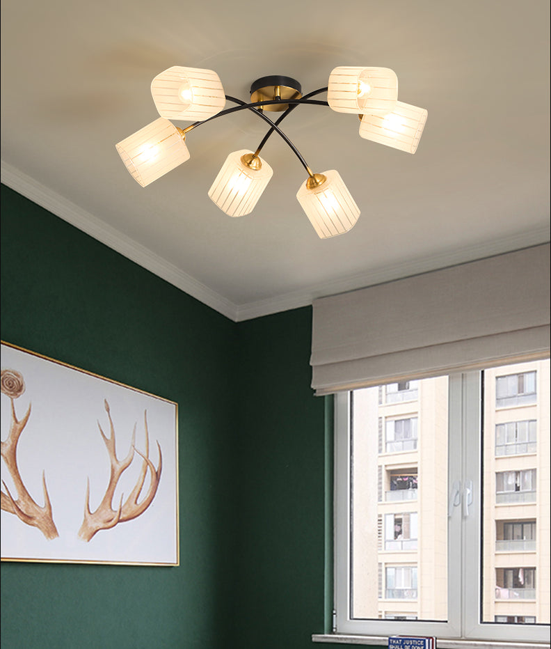 Brushed Brass Semi-Flush Mount Ceiling Light Frosted Glass Rectangular Shade Ceiling Pendant with Adjustable Light Branch