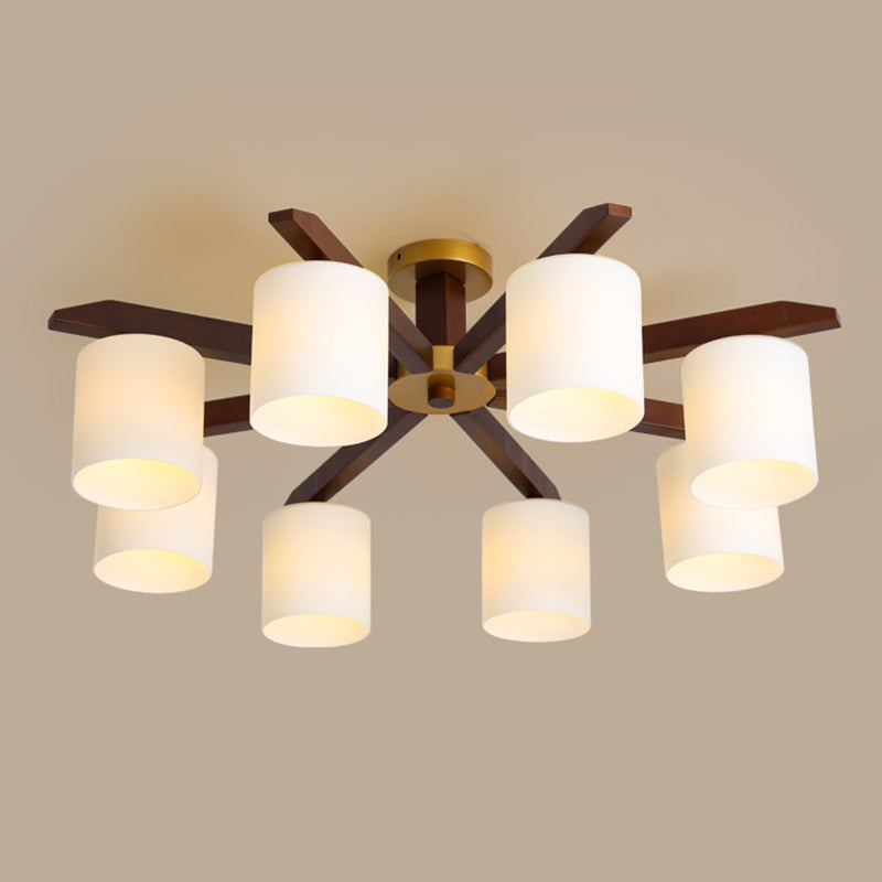 Rubber-wood Cylinder Shade Ceiling Light Modern Simplicity Style Semi Flush-mount Pendant for Living Room