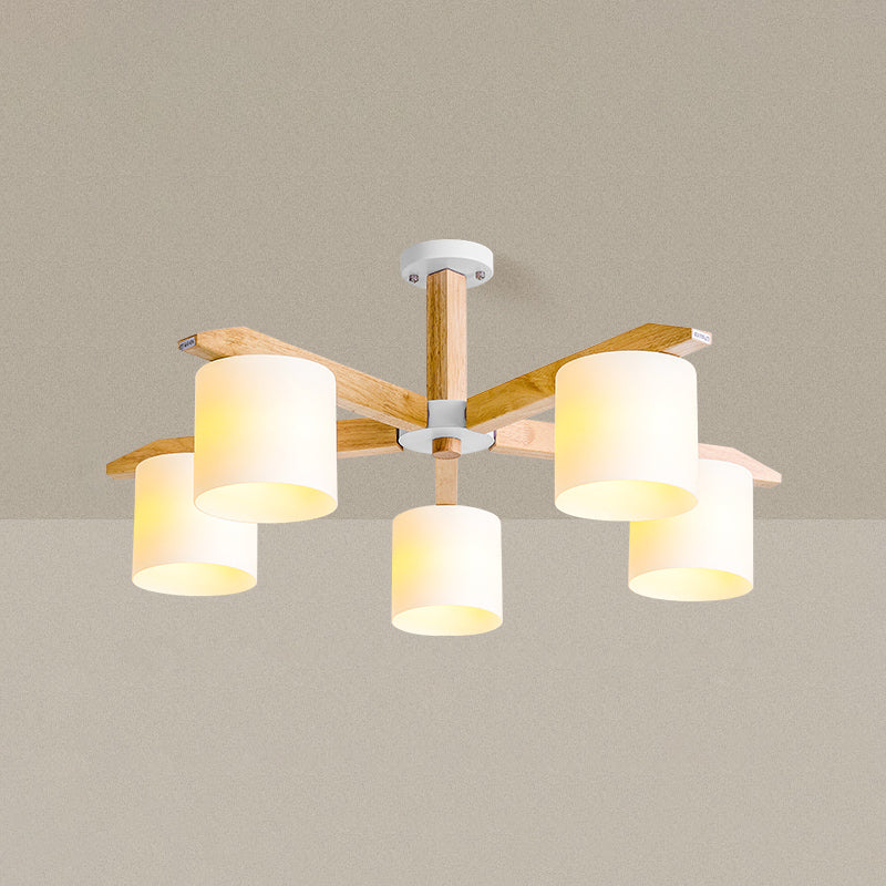 Rubber-wood Cylinder Shade Ceiling Light Modern Simplicity Style Semi Flush-mount Pendant for Living Room