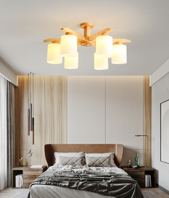 Rubber-wood Cylinder Shade Ceiling Light Modern Simplicity Style Semi Flush-mount Pendant for Living Room