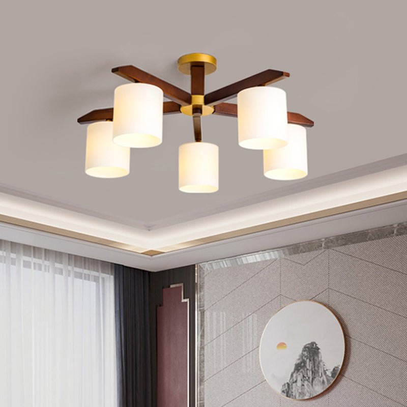 Rubber-wood Cylinder Shade Ceiling Light Modern Simplicity Style Semi Flush-mount Pendant for Living Room