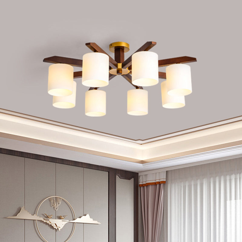 Rubber-wood Cylinder Shade Ceiling Light Modern Simplicity Style Semi Flush-mount Pendant for Living Room