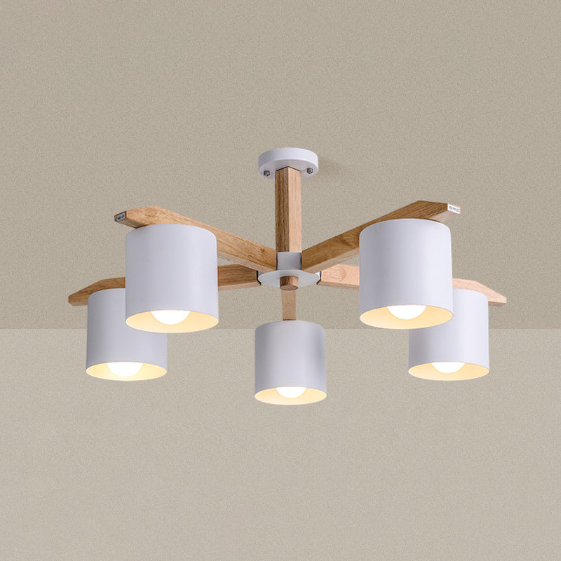 Rubber-wood Cylinder Shade Ceiling Light Modern Simplicity Style Semi Flush-mount Pendant for Living Room