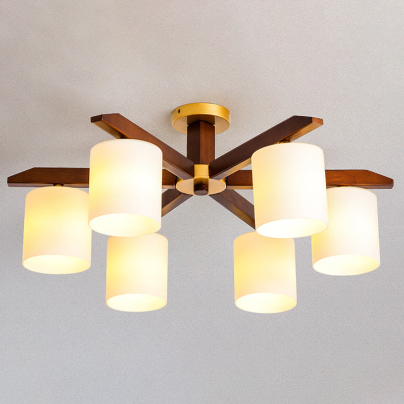 Rubber-wood Cylinder Shade Ceiling Light Modern Simplicity Style Semi Flush-mount Pendant for Living Room