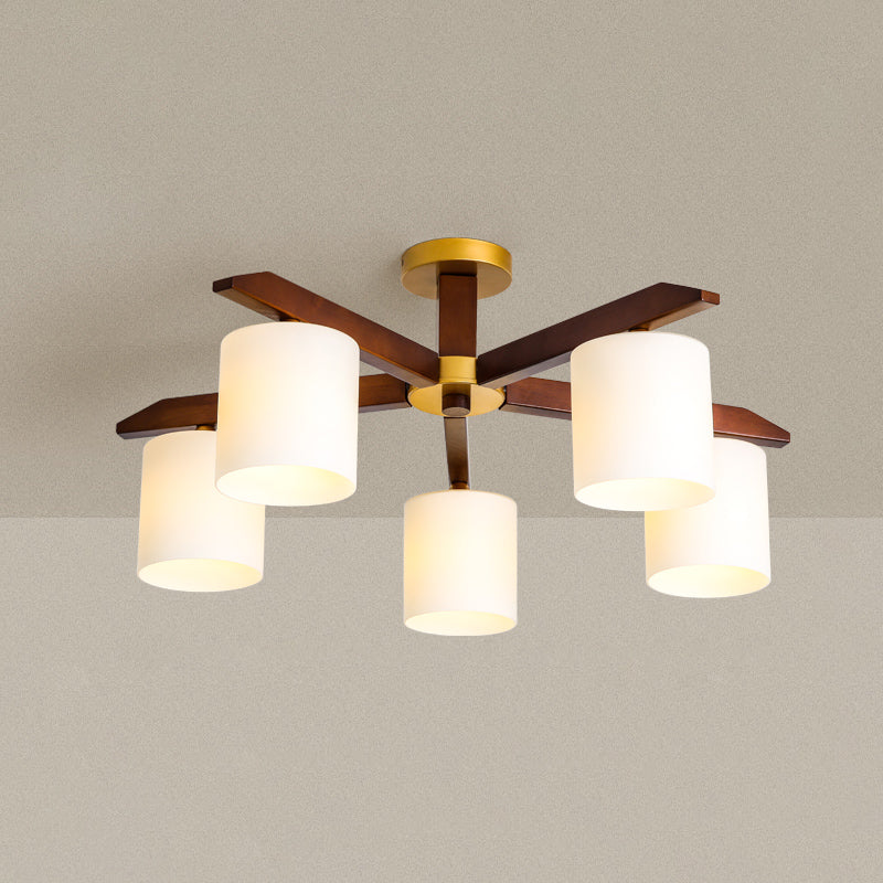 Rubber-wood Cylinder Shade Ceiling Light Modern Simplicity Style Semi Flush-mount Pendant for Living Room