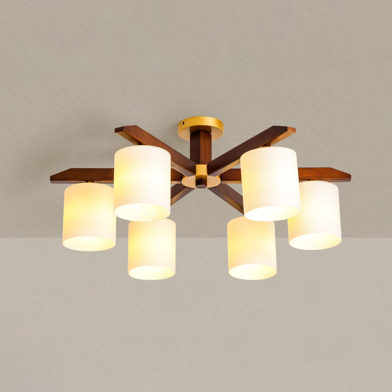 Rubber-wood Cylinder Shade Ceiling Light Modern Simplicity Style Semi Flush-mount Pendant for Living Room