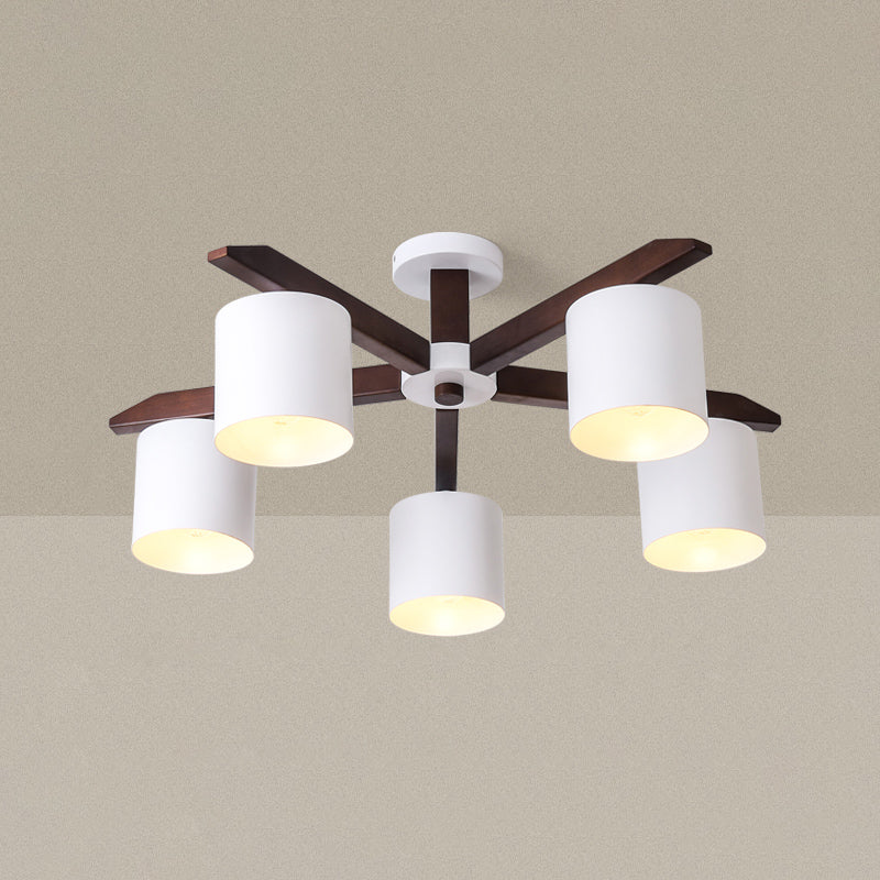 Rubber-wood Cylinder Shade Ceiling Light Modern Simplicity Style Semi Flush-mount Pendant for Living Room