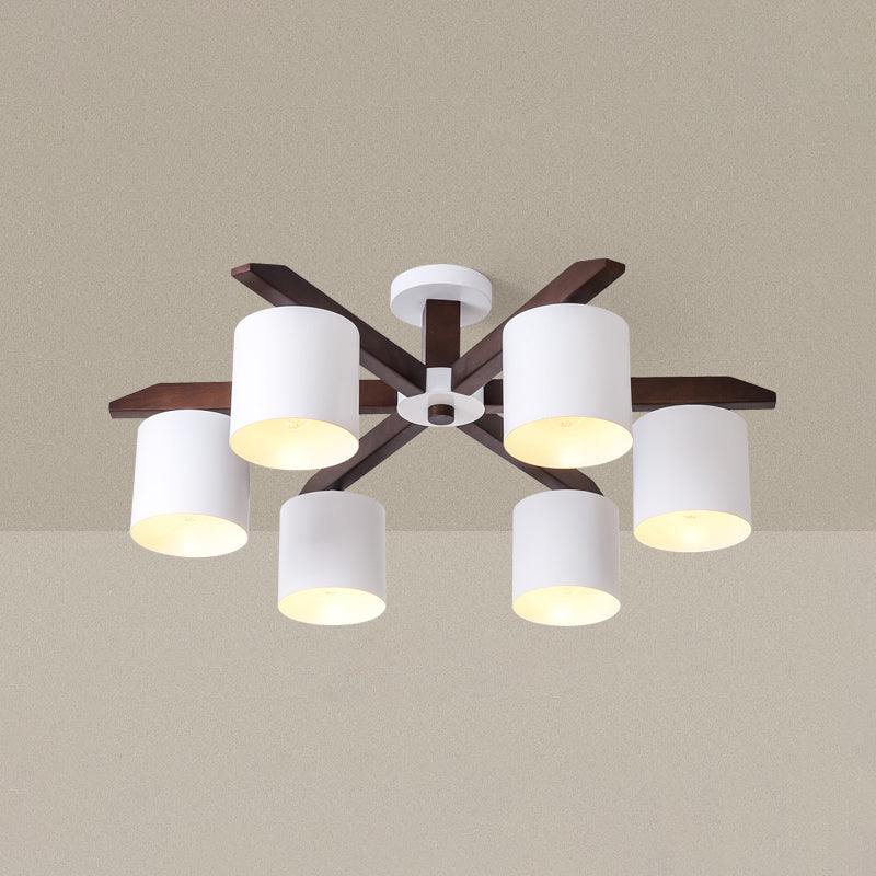 Rubber-wood Cylinder Shade Ceiling Light Modern Simplicity Style Semi Flush-mount Pendant for Living Room