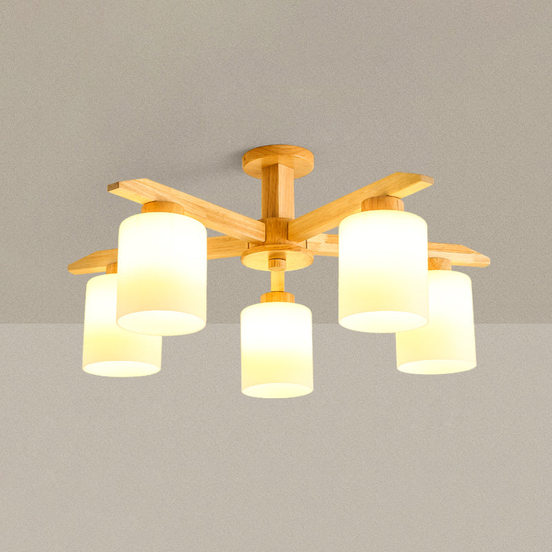 Rubber-wood Cylinder Shade Ceiling Light Modern Simplicity Style Semi Flush-mount Pendant for Living Room