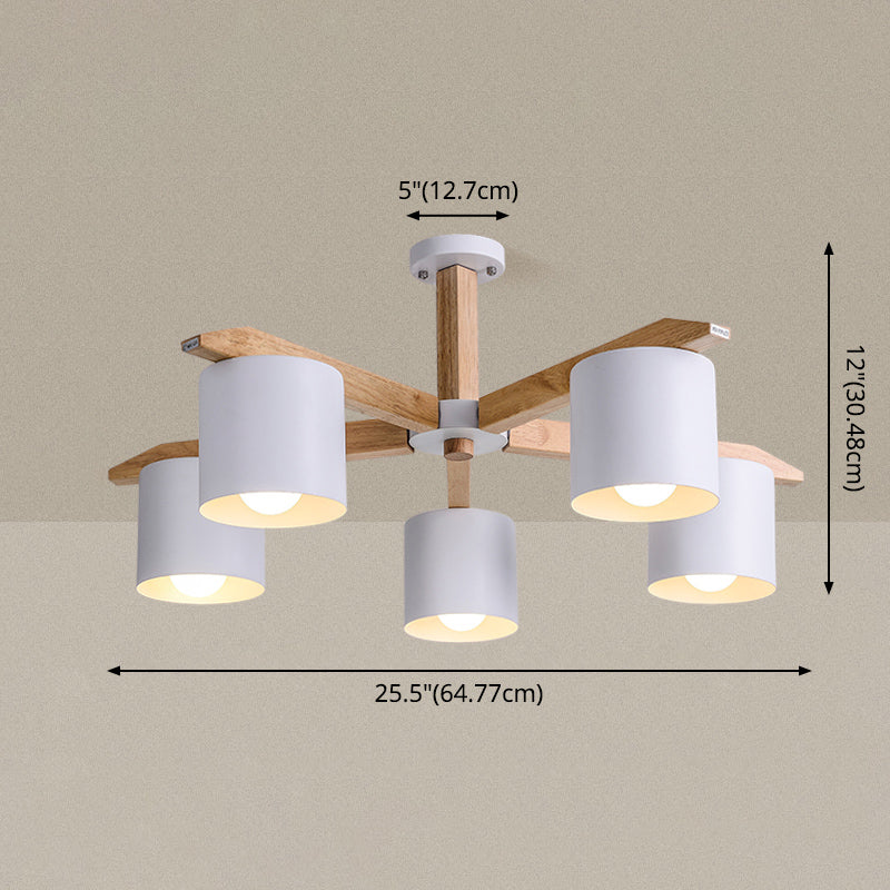 Rubber-wood Cylinder Shade Ceiling Light Modern Simplicity Style Semi Flush-mount Pendant for Living Room