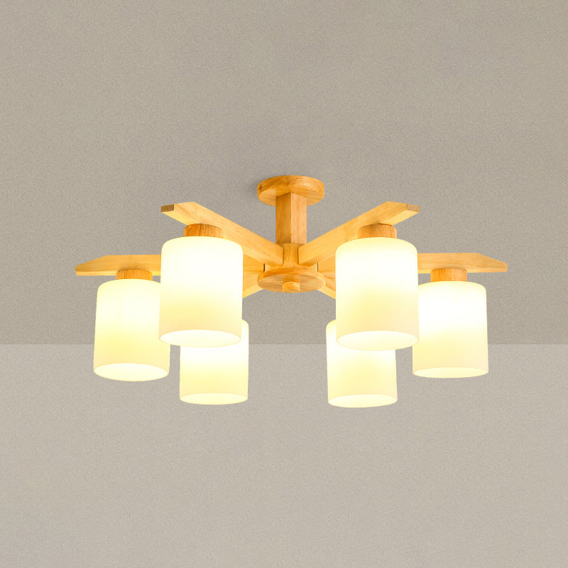 Rubber-wood Cylinder Shade Ceiling Light Modern Simplicity Style Semi Flush-mount Pendant for Living Room