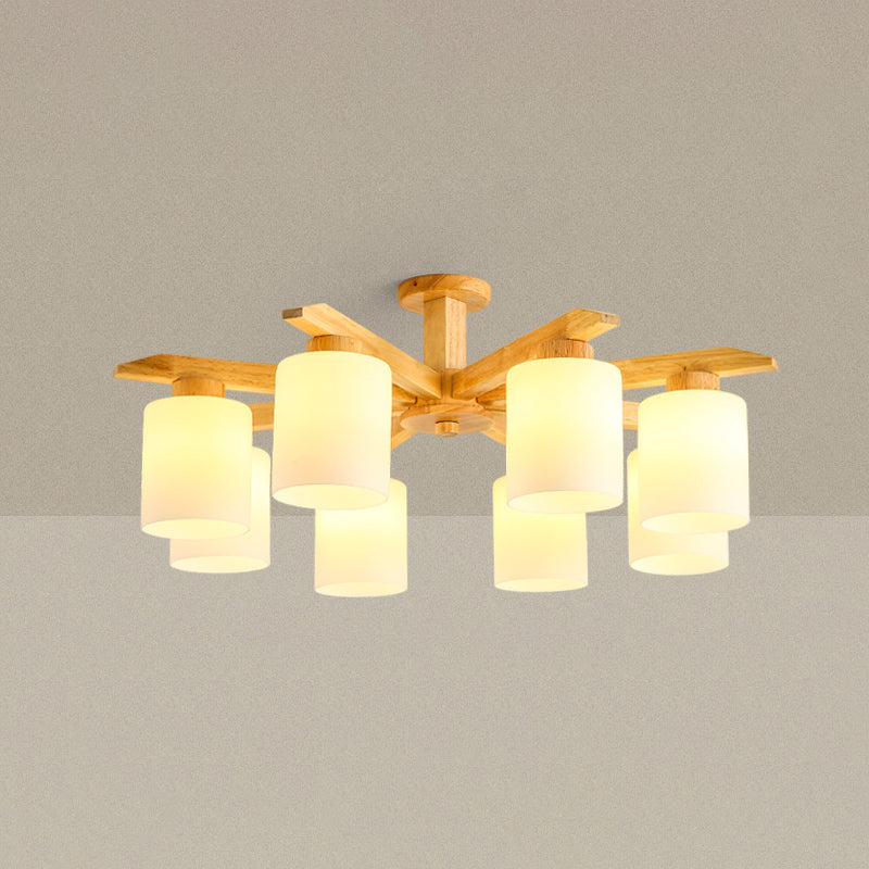 Rubber-wood Cylinder Shade Ceiling Light Modern Simplicity Style Semi Flush-mount Pendant for Living Room