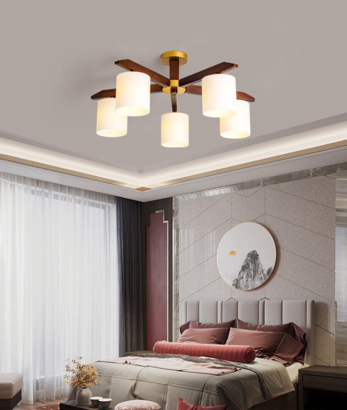 Rubber-wood Cylinder Shade Ceiling Light Modern Simplicity Style Semi Flush-mount Pendant for Living Room