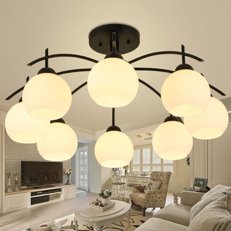 Classic Ceiling Light with Frosted Glass Globe Shade Black Wrought Iron Semi Flush Light for Living Room