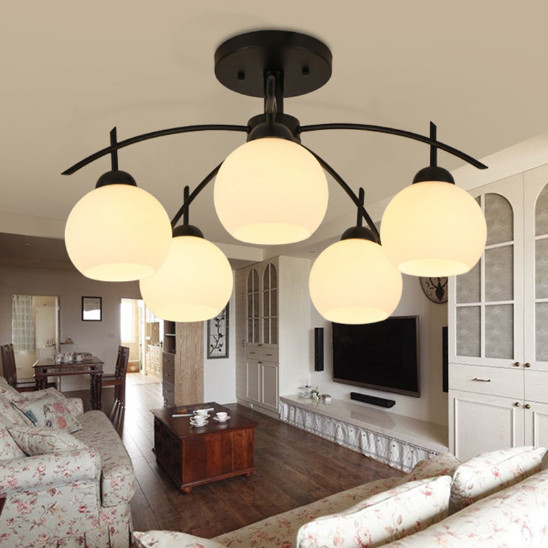 Classic Ceiling Light with Frosted Glass Globe Shade Black Wrought Iron Semi Flush Light for Living Room