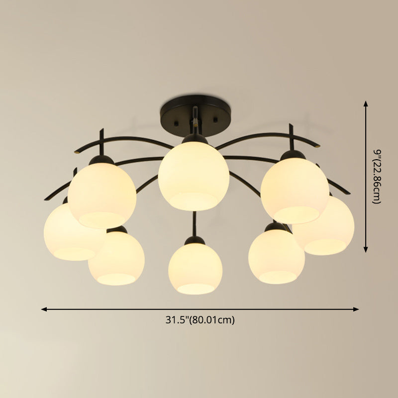 Luz de techo clásica con tono global de vidrio esmerilado Luz de semi descarga de hierro forjado para sala de estar