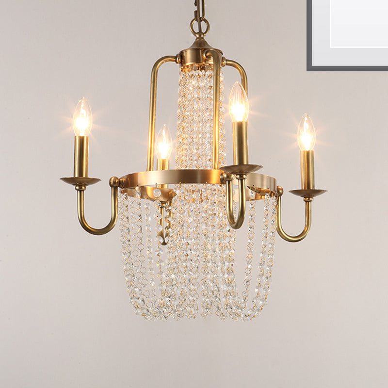 Scroll Frame Chandelier Traditional Copper 4 Lights Golden Hanging Ceiling Light with Crystal Tassel