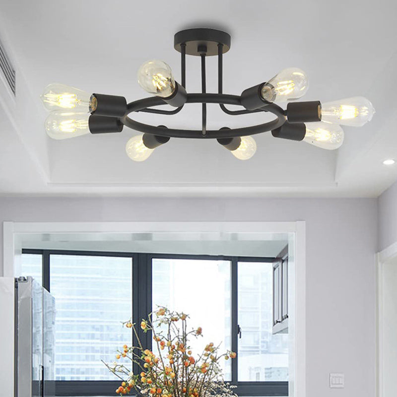 Black Wrought Iron Semi Flush Mount Ceiling Light 8-lights Industrial Style Bare Bulb Lighting Fixtures for Living Room