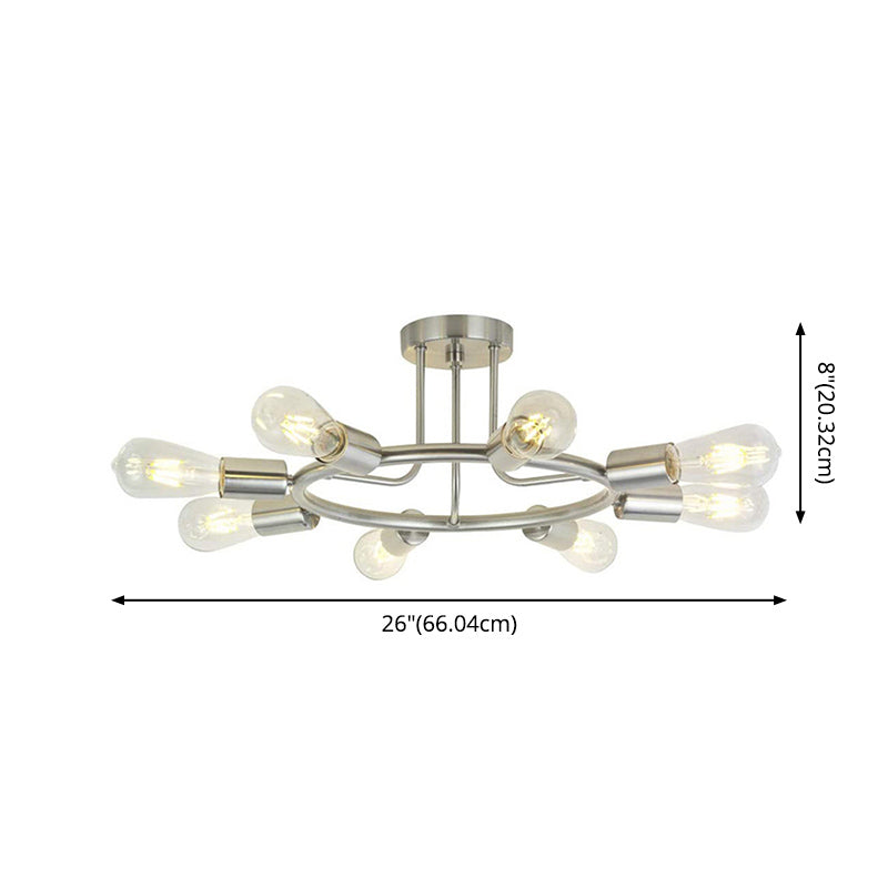 Luz de techo de montaje de semi rascilla de hierro negro negro estilo de 8 luces de estilo industrial de bombilla desnuda para sala de estar