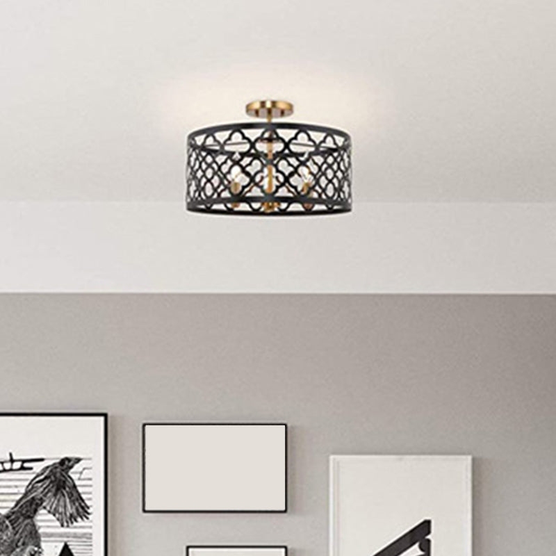 3-Lights Candlestick Industrial Style Ceiling Light with Flower-shaped Hollow Iron Cage Shade for Dining Room