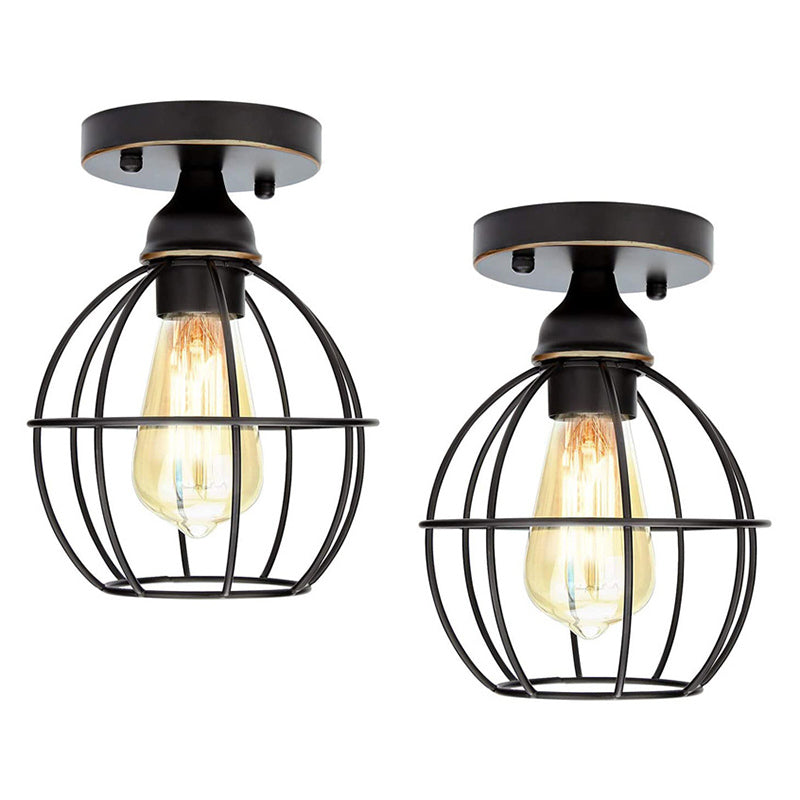 Single Light Mini Ceiling Light with Globe Iron Cage Shade Hallway Flush-mount Lighting Fixture Lamp in Black