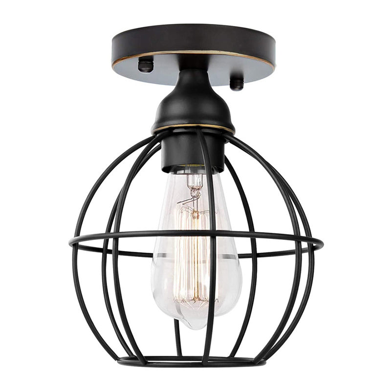 Single Light Mini Ceiling Light with Globe Iron Cage Shade Hallway Flush-mount Lighting Fixture Lamp in Black