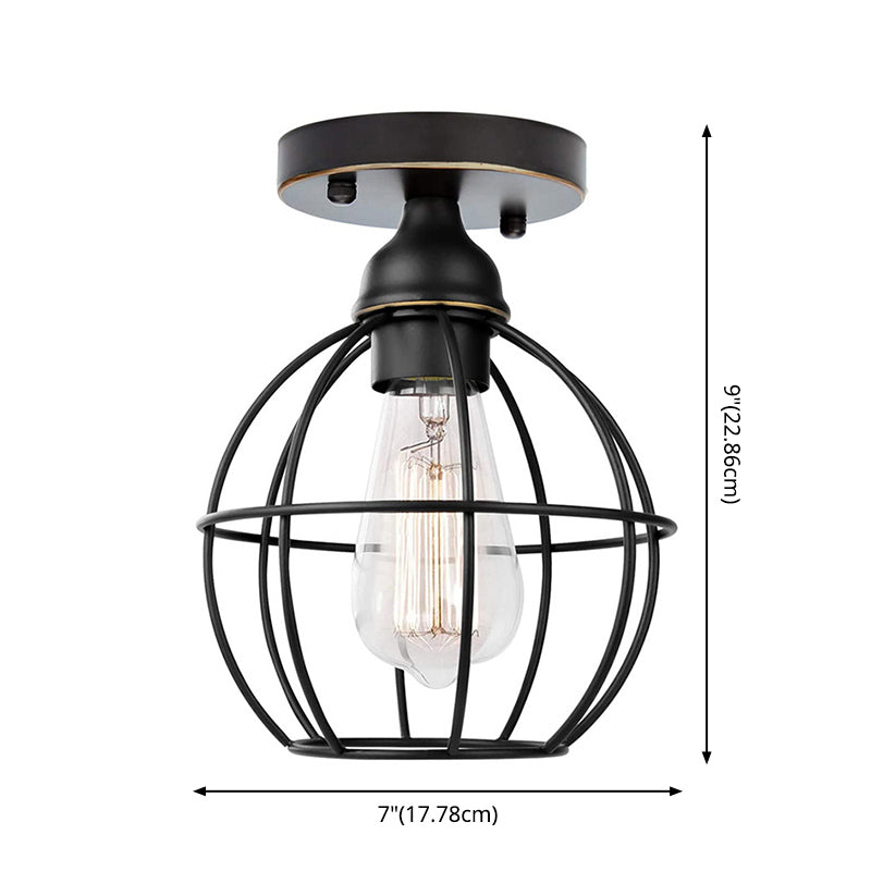 Single Light Mini Ceiling Light with Globe Iron Cage Shade Hallway Flush-mount Lighting Fixture Lamp in Black