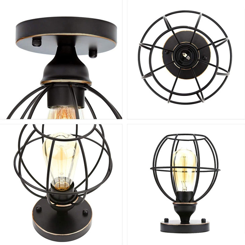 Single Light Mini Ceiling Light with Globe Iron Cage Shade Hallway Flush-mount Lighting Fixture Lamp in Black