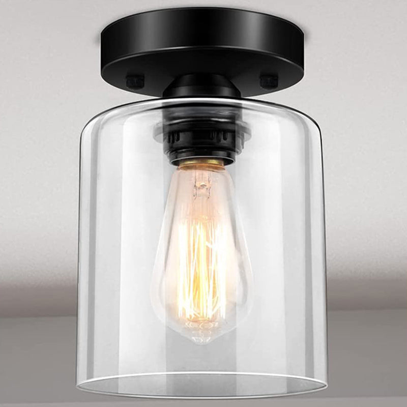 Clear Glass Cylindrical Shade Ceiling Light Industrial Retro 1 Light Mini Lighting Fixture in Black