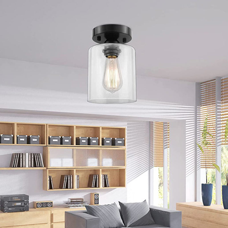 Clear Glass Cylindrical Shade Ceiling Light Industrial Retro 1 Light Mini Lighting Fixture in Black