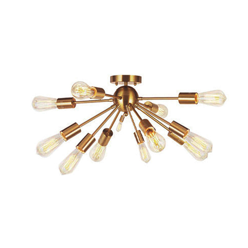 Golden Metal Burst Shaped Multi-light Ceiling Light Bare Bulb Industrial Retro Style Lighting Fixture for Coffee Shop