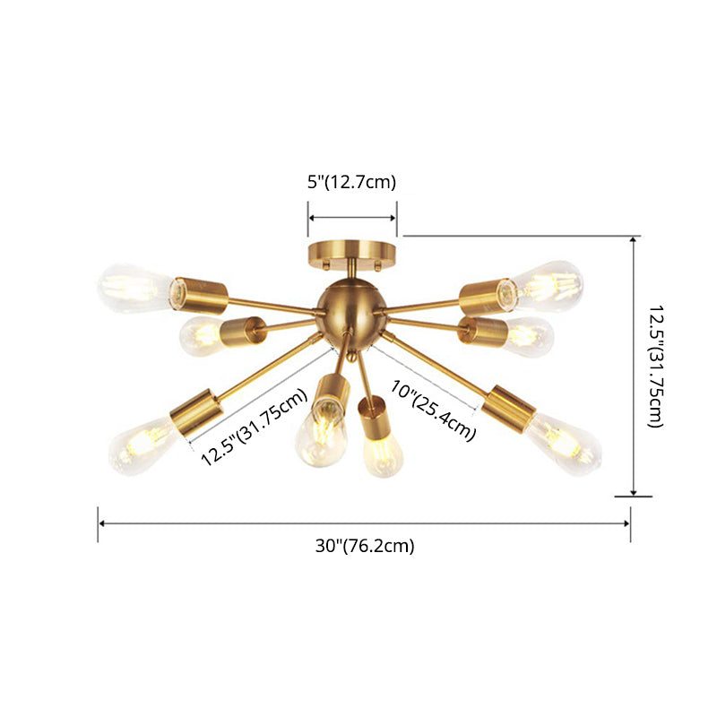 Luz de techo de múltiples luces con forma de ráfaga de metal dorado Bombilla desnuda Bombilla de iluminación de estilo retro industrial para cafetería