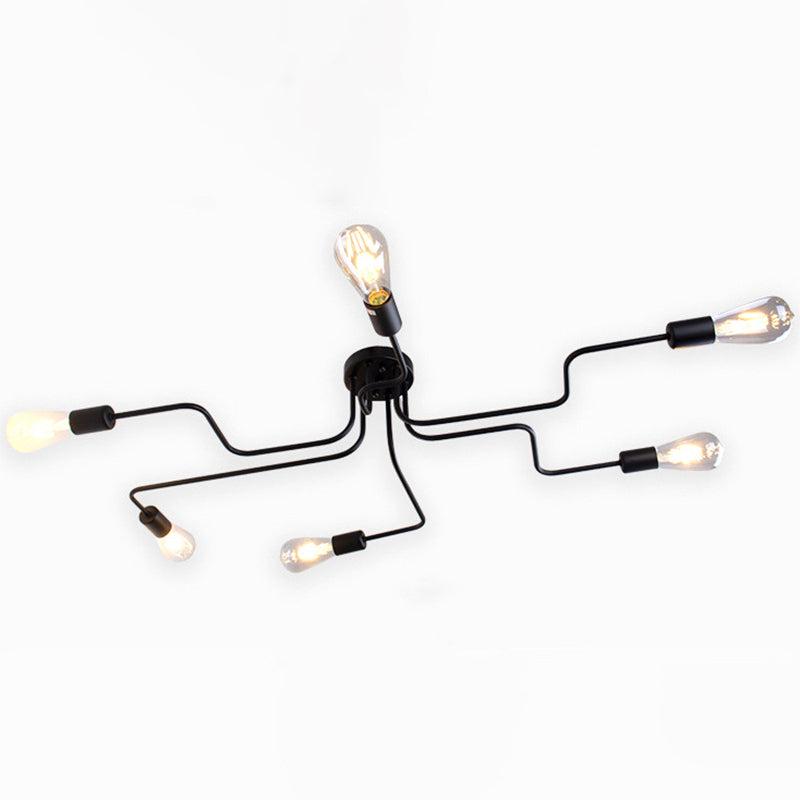 Open Bulb Spider Ceiling Light Retro Style Wrought Iron Multi Light Living Room Flush-mount Suspension Light in Black