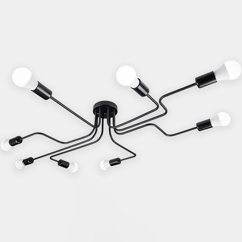 Open Bulb Spider Ceiling Light Retro Style Wrought Iron Multi Light Living Room Flush-mount Suspension Light in Black