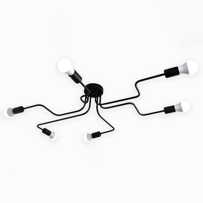 Open Bulb Spider Ceiling Light Retro Style Wrought Iron Multi Light Living Room Flush-mount Suspension Light in Black