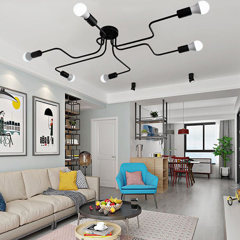 Open Bulb Spider Ceiling Light Retro Style Wrought Iron Multi Light Living Room Flush-mount Suspension Light in Black