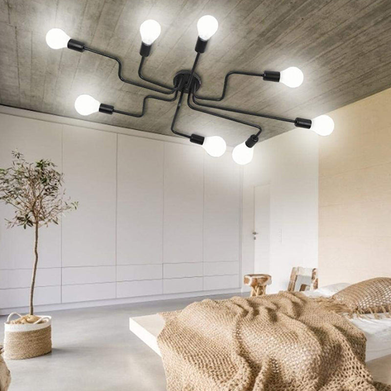 Open Bulb Spider Ceiling Light Retro Style Wrought Iron Multi Light Living Room Flush-mount Suspension Light in Black