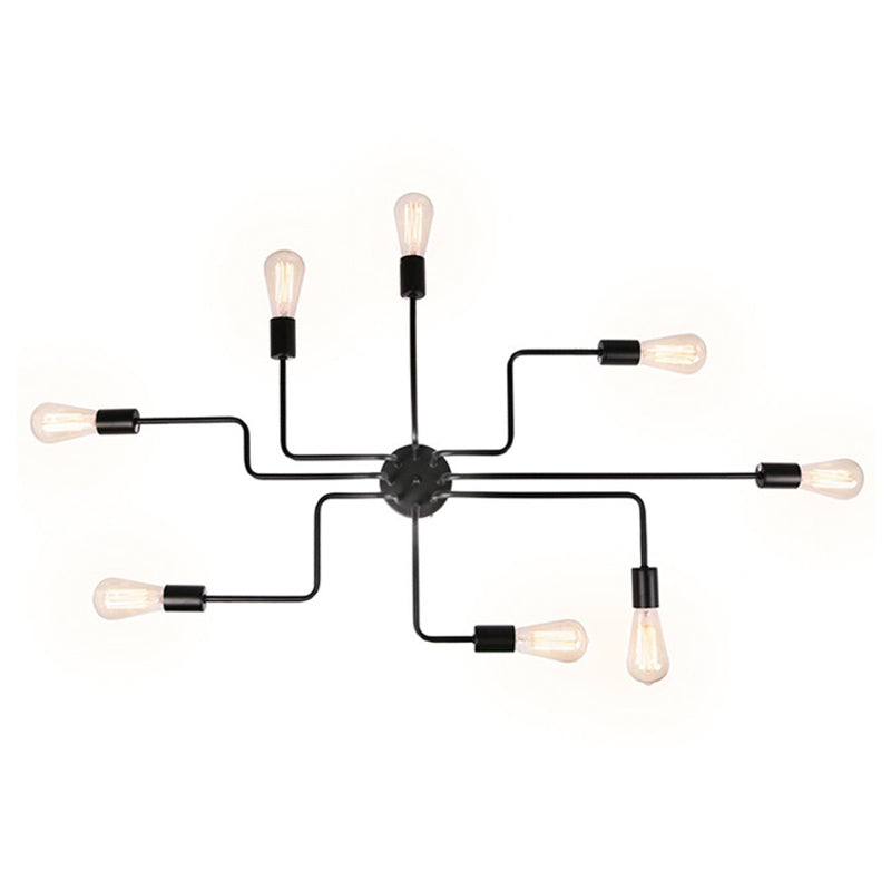 Open Bulb Spider Ceiling Light Retro Style Wrought Iron Multi Light Living Room Flush-mount Suspension Light in Black