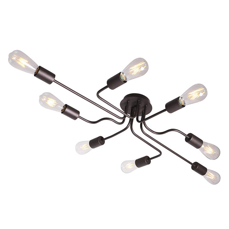 Open Bulb Spider Ceiling Light Retro Style Wrought Iron Multi Light Living Room Flush-mount Suspension Light in Black