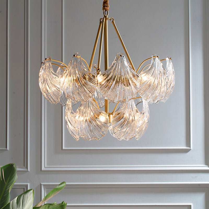 Transparent Glass Shells Multi Light Chandelier Contemporary Style Full Copper Ceiling Lighting Fixture for Bedroom Living Room